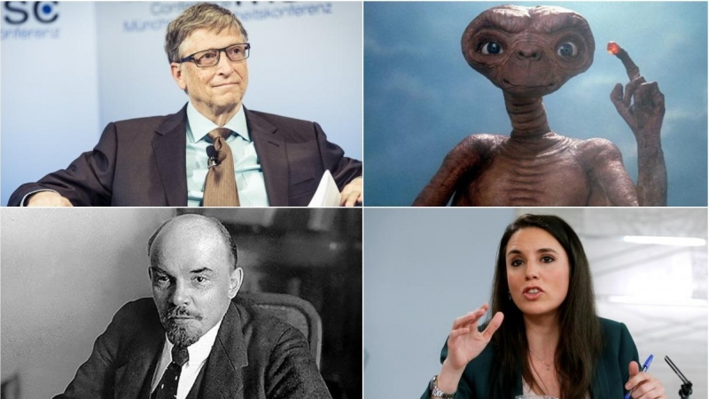 Bill Gates (arriba a la izquierda), ET (arriba a la derecha), Irene Montero (bajo a la izquierda) y Lenin (bajo a la derecha).