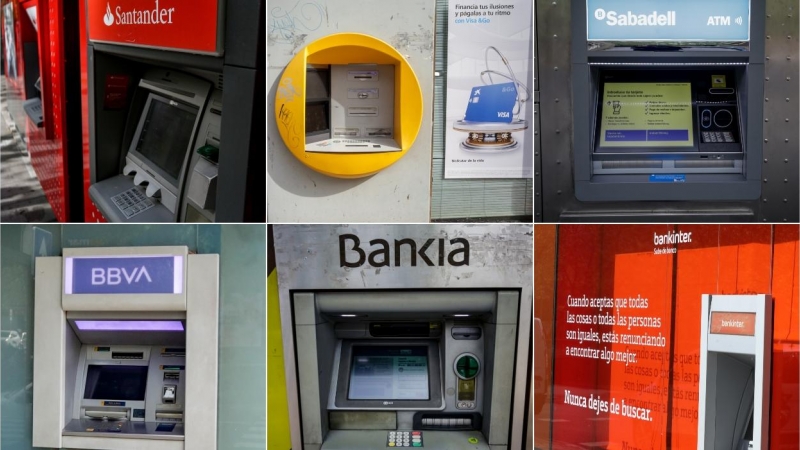 Cajeros automáticos de los seis mayores bancos españoles: Banco Santander, Caixabank, Banco Sabadell, BBVA, Bankia y Bankinter. E.P.