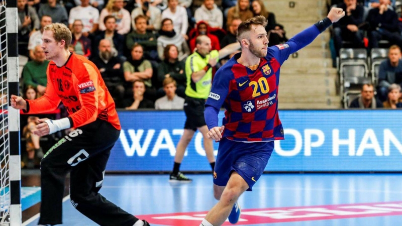 Aleix Gómez celebra un gol del Barça d'handbol aquesta temporada. REUTERS.