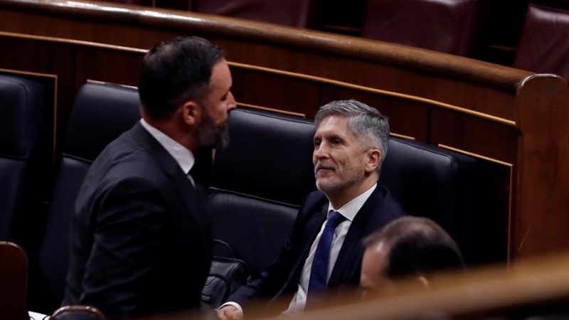 El líder de Vox, Santiago Abascal (i) pasa ante el minitro de Interior, Fernando Grande-Marlaska, tras su intervención en el pleno del Congreso. /EFE
