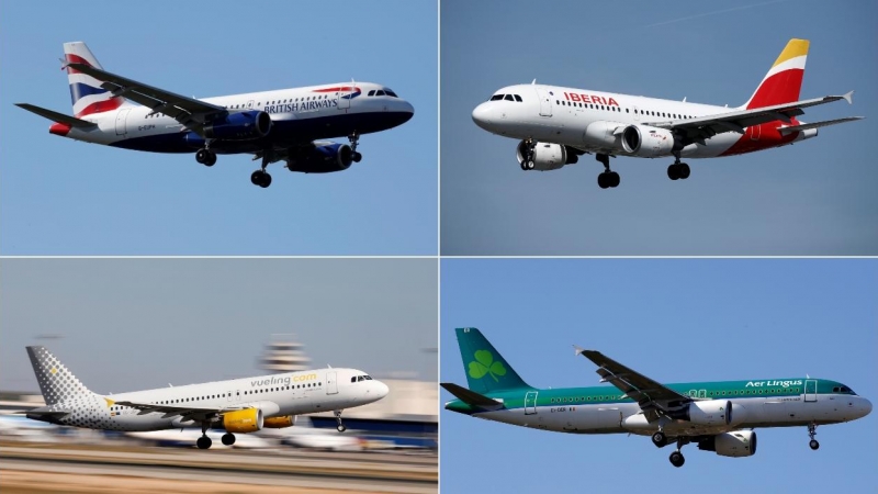 Aparatos de las aerolíneas que forman parte del grupo IAG, British Airways, Iberia, Air Lingus y Vueling. REUTERS