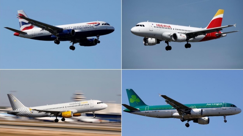 Aparatos de las aerolíneas que forman parte del grupo IAG, British Airways, Iberia, Air Lingus y Vueling. REUTERS