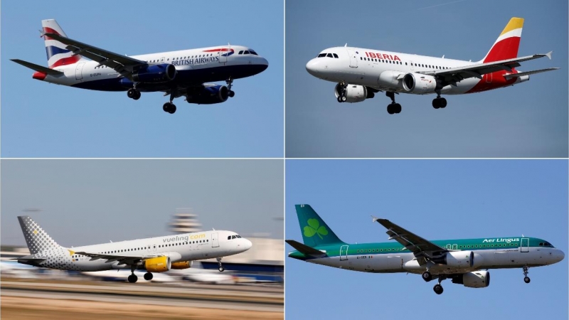 Aparatos de las aerolíneas que forman parte del grupo IAG, British Airways, Iberia, Air Lingus y Vueling. REUTERS