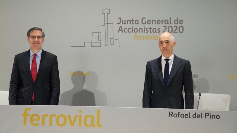 El presidente de Ferrovial, Rafael del Pino, y el consejero delegado del grupo, Ignanio Madridejos, ante la junta de accionistas del grupo, celebrada de forma telemática. E.P.