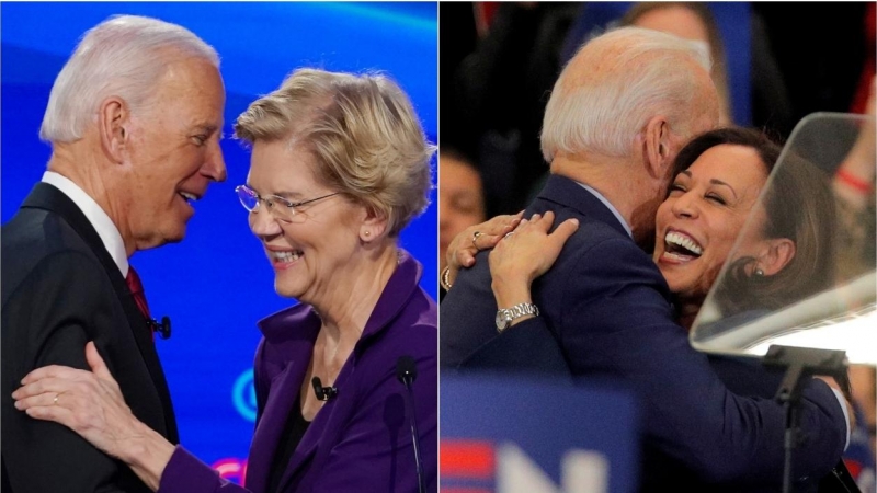 El exvicepresidente y candidato demócrata a la Presidencia de los EEUU,con la senadora Elizabeth Warren en uno de los debates de las primarias, en La Universidad Otterbeinde Westerville, Ohio) (izquierda), y con la senadora Kamala Harris, en un acto de ca