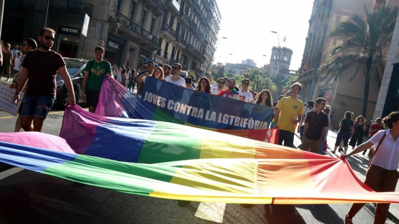 Pla general d'una bandera en defensa del moviment LGTBI a la manifestació de la comissió unitària el 30 de juny de 2018 (horitzontal)