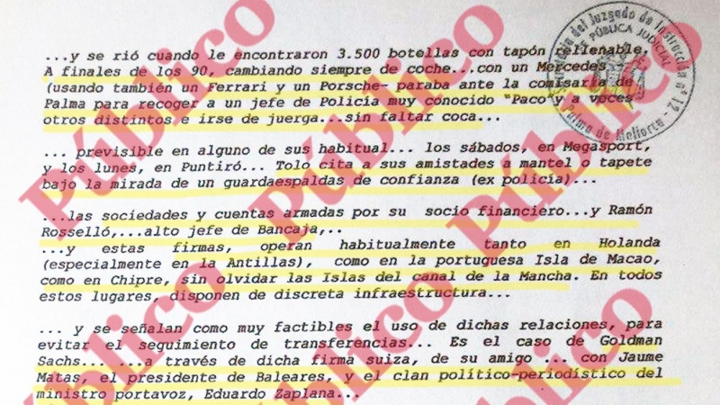 Comienzo de la segunda página del Anexo II del informe elaborado por el comisario Villarejo para el 'rey de la noche de Palma', Tolo Cursach.