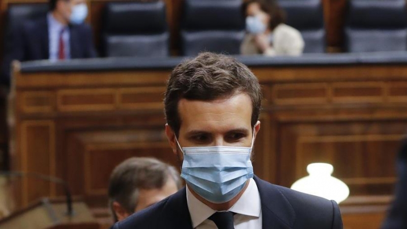 El líder del Partido Popular, Pablo Casado, en el pleno del Congreso que debate este miércoles la quinta prórroga del estado de alarma. EFE