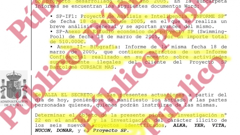 Fragmentos del auto del magistrado García Castellón en el que determina 'el análisis y la investigación' del Proyecto SP contenido en el informe de Villarejo a Cursach sobre la campaña mediática de Pedro Jota e Inda en Baleares.