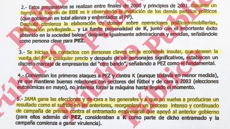 Fragmento del informe de Villarejo sobre el inicio de la campaña mediática de Pedro Jota e Inda a favor del PP en Baleares.