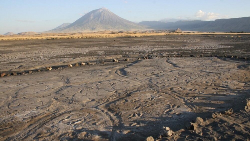 Yacimiento de Engare Sero, con el volcán Ol Doinyo Lengai  al fondo y las huellas en primer plano./ CHATHAM UNIVERSITY