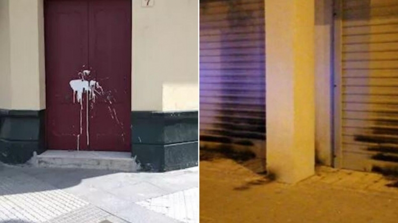 Puerta de la sede provincial del PSOE en Cádiz con pintura en la cerradura (izquierda) / Sede central del PSC en Barcelona (derecha). / EUROPAPRESS / TWITTER