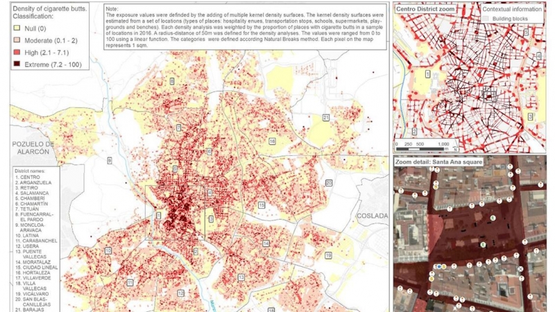 Mapa de la distribución de residuos de colillas en la ciudad de Madrid. UAH