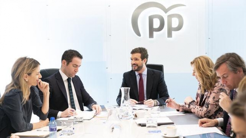 El líder del PP, Pablo Casado, junto a los vicesecretarios y portavoces del partido durante una reunión del Comité de Dirección del partido. Partido Popular