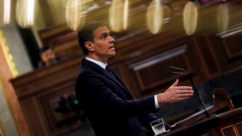 El presidente del Gobierno, Pedro Sánchez, durante su intervención ante el pleno del Congreso que vota este miércoles la última prórroga del estado de alarma. /EFE