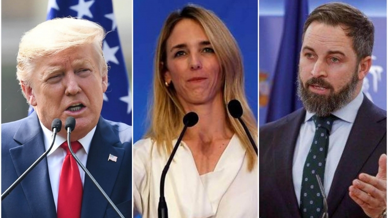 De izquierda a derecha: Donald Trump, presidente de los EEUU; Cayetana Álvarez de Toledo, portavoz del PP; y Santiago Abascal, líder de Vox.- AFP y EFE