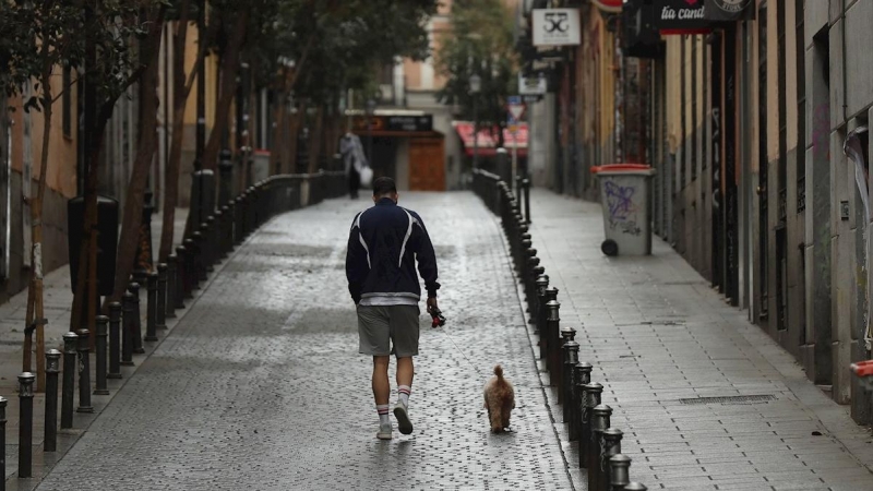 Un hombre pase a su perro en el madrileño barrio de Malasaña. EFE/Kiko Huesca