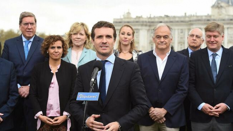 El líder del PP, Pablo Casado, en la presentación de la lista del PP para las elecciones europeas. / FERNANDO VILLAR / EFE