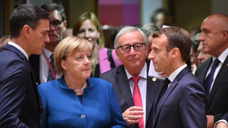 Pedro Sánchez en una imagen de archivo de 2018, con Angela Merkel, Emanuel Macron y Jean-Claude Juncker. AFP