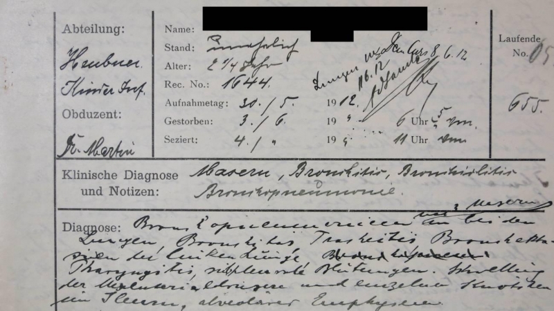 Informe de la autopsia del caso de sarampión de 1912 archivado por el Museo de Historia Médica de Berlín. / Navena Widulin/Berlin Museum of Medical History at the Charité