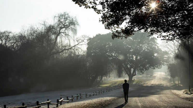 Las fuertes heladas cubren la hierba cuando sale el sol en una helada mañana de invierno, en Johannesburgo, Sudáfrica, el 19 de junio de 2020. La gran altitud de la ciudad junto con las noches tranquilas y por debajo temperaturas cero centígrados hacen in