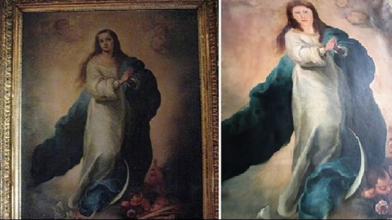 El cuadro de Murillo, antes y después de la supuesta restauración. (EUROPA PRESS)