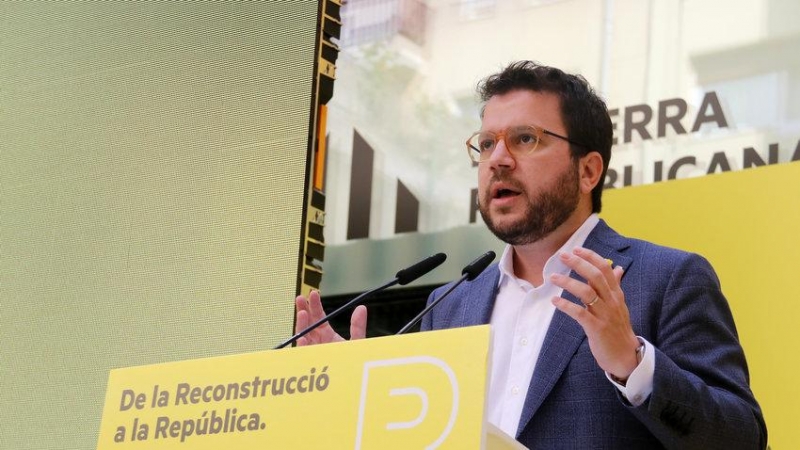 Pere Aragonès durant la seva intervanció en l'acte d'ERC per la reconstrucció.