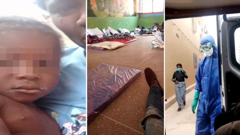 Tres capturas de vídeo difundidos por los migrantes en los que se muestran a una mujer encerrada con su hija, los colchones en el suelo de una escuela convertida en centro de internamiento improvisado y la detención de una mujer migrante para trasladarla