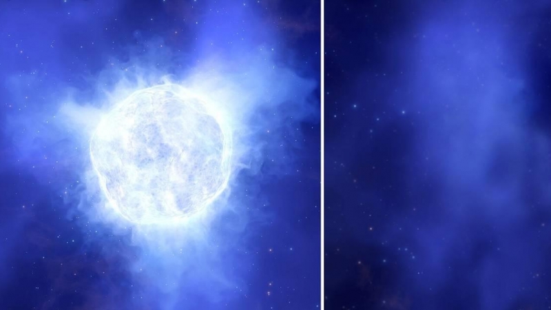 Ilustración del aspecto que podría haber tenido la estrella luminosa azul de la galaxia enana Kinman (izquierda) antes de su misteriosa desaparición (derecha). / ESO/L. Calçada/SINC