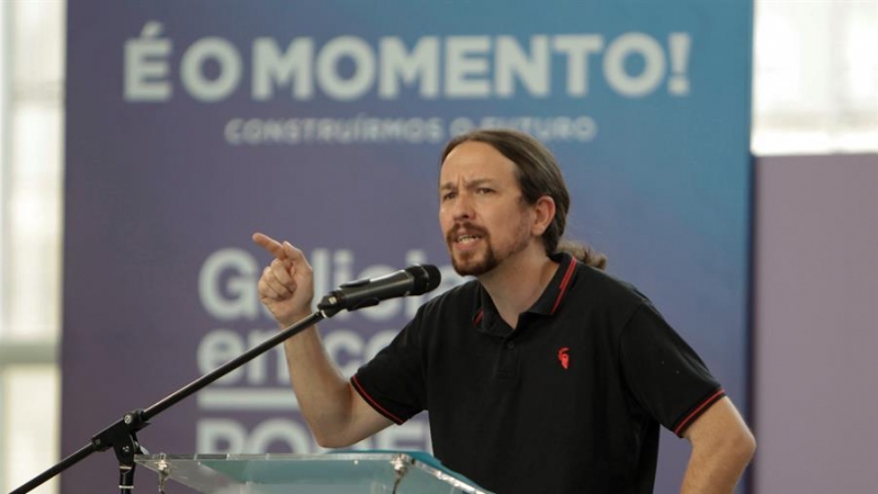 El secretario general de Podemos, Pablo Iglesias, participa este domingo por primera vez en la campaña gallega para arropar al candidato de la coalición En Común-Anova Mareas, Antón Gómez-Reino, que es el líder del partido morado en la Comunidad. EFE/ Sal