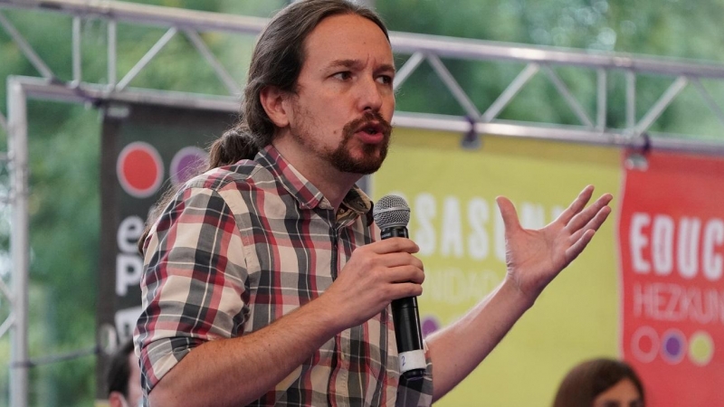 06/07/2020 - El secretario general de Podemos y vicepresidente segundo del Gobierno y Ministro de Derechos Sociales y para la Agenda 2030, Pablo Iglesias, durante su intervención en un acto de campaña del partido en el Palacio Euskalduna de Bilbao, Vizcay