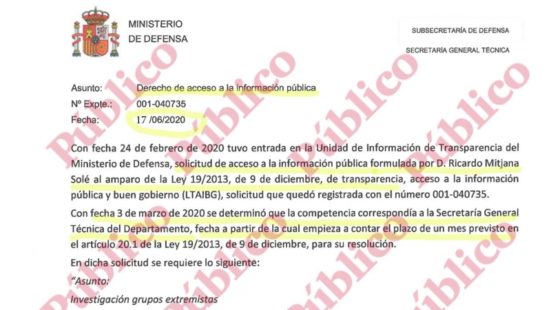 Encabezado de la inadmisión del acceso a la información sobre los núcleos de extrema derecha en el Ejército decidida por la Secretaría General Técnica de la Subsecretaría de Defensa.