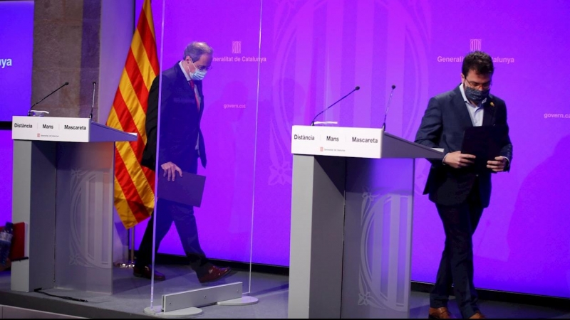 El presidente de la Generalitat, Quim Torra, junto a su vicepresidente Pere Aragonés. - EFE