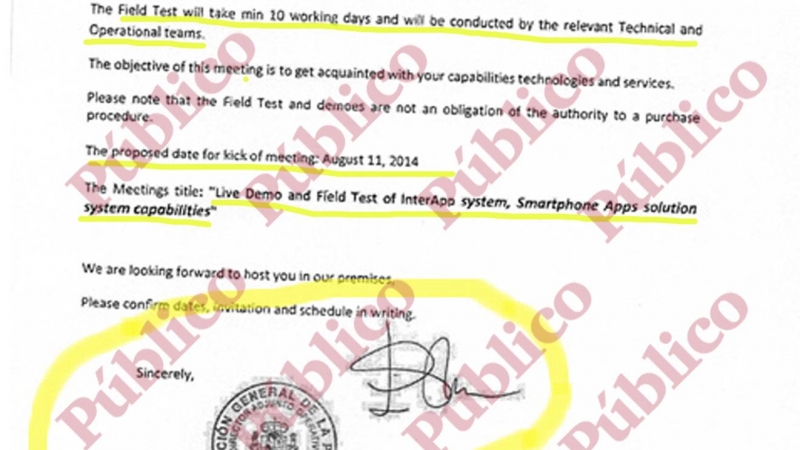 Firma y sello de Eugenio Pino como Director Adjunto Operativo de la Policía Nacional, en la carta invitando a los técnicos israelíes para las pruebas de campo del sistema de espionaje de móviles.