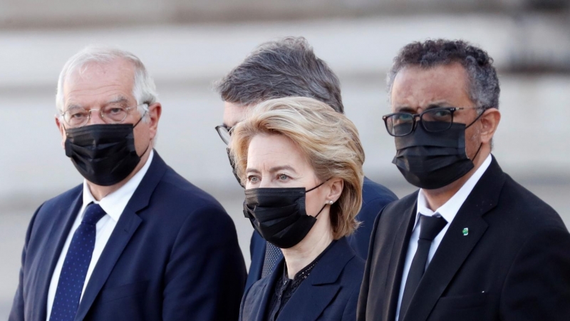 Josep Borrel, David Sassoli, Ursula von der Leyen y Tedros Adhanom Ghebreyesus. EFE/Ballesteros/POOL