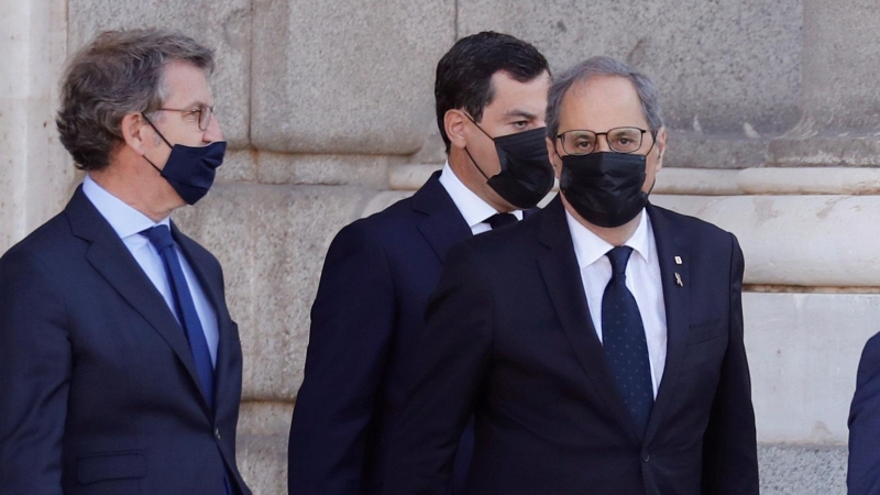 El presidente del Gobierno Vasco Iñigo Urkullu, el presidente de la Generalitat de Cataluña, Quim Torra, el presidente de la Junta de Andalucía, Juan Manuel Moreno y el presidente de la Junta de Galicia, Alberto Núñez Feijóo. EFE/Ballesteros/POOL