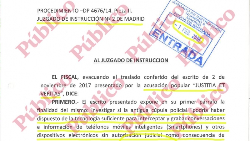 Encabezamiento del informe del fiscal Alfonso San Román oponiéndose a investigar la compra ilegal del sistema israelí de interceptación de smartphones que se usó para espiar a políticos catalanes.