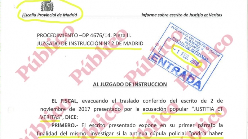 Encabezamiento del informe del fiscal Alfonso San Román oponiéndose a investigar la compra ilegal del sistema israelí de interceptación de smartphones que se usó para espiar a políticos catalanes.
