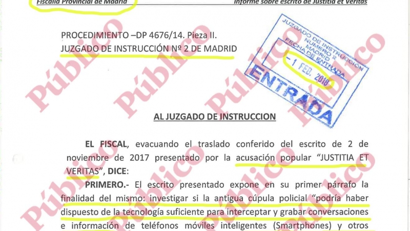 Encabezamiento del informe del fiscal Alfonso San Román oponiéndose a investigar la compra ilegal del sistema israelí de interceptación de smartphones que se usó para espiar a políticos catalanes.