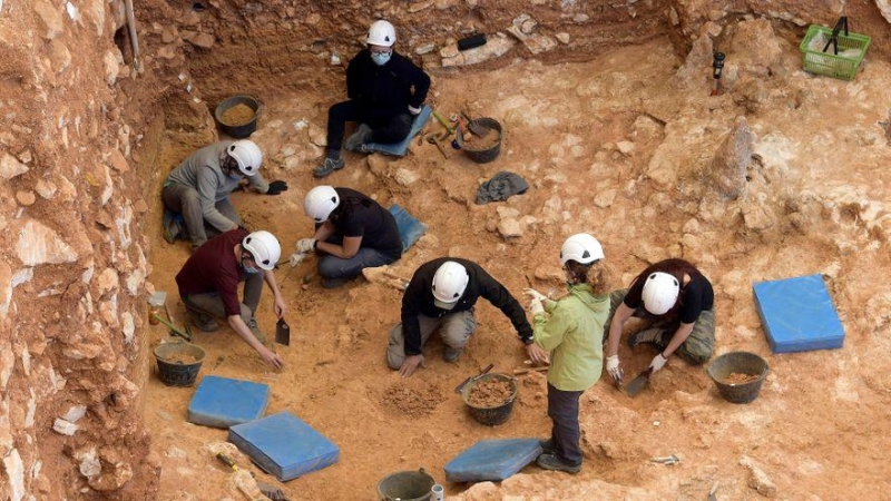 Unos arqueólogos trabajan en el yacimiento de la Gran Dolina, en Atapuerca. / EFE