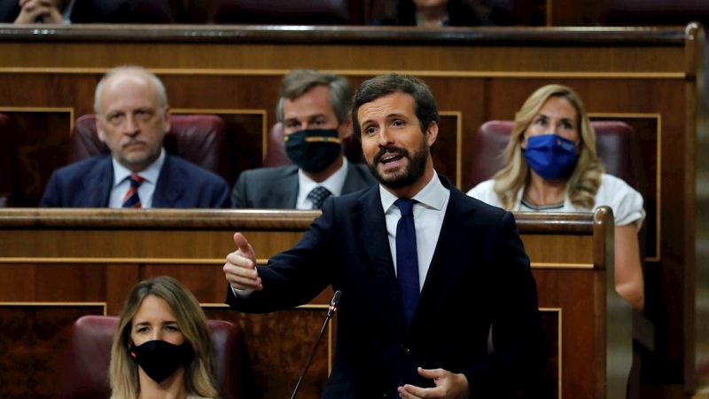 El líder del PP, Pablo Casado, participa en una sesión del pleno del Congreso de los Diputados. - EFE/Chema Moya