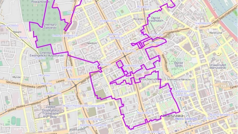 Delimitación del gueto de Varsovia, que ocupaba poco más de tres kilómetros cuadrados del centro de la capital polaca. / Wikimedia-Share Map.