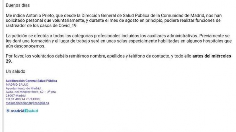 Email enviado a los trabajadores de Madrid Salud.