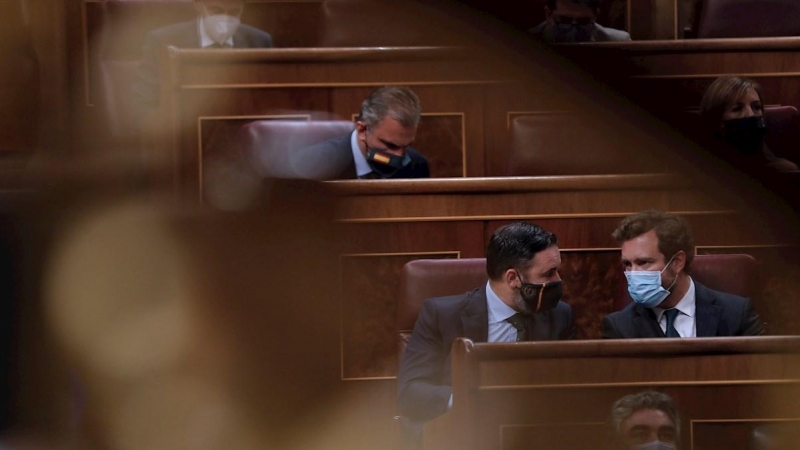 El líder de Vox, Santiago Abascal, el portavoz, Iván Espinosa de los Monteros y el diputado Javier Ortega Smith. - EFE