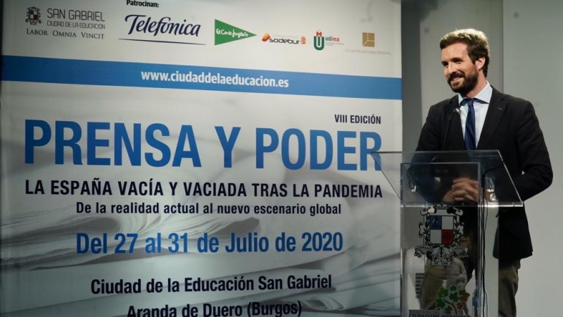 l presidente del Partido Popular, Pablo Casado, durante su intervención en la VIII Edición del curso de verano 'Prensa y Poder', organizado por el Colegio San Gabriel bajo el título 'La España vacía y vaciada tras la pandemia. De la realidad actual al nue