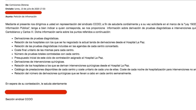 Email enviado a la gerencia de La Paz por parte de la delegación de CCOO en el hospital.