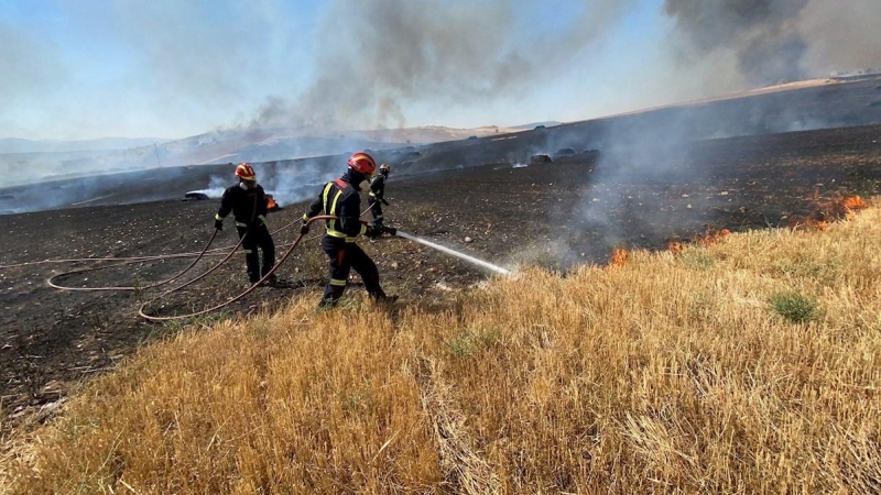 01/08/2020.- Efectivos del cuerpo de bomberos trabajan en las labores de extinción del incendio de cereal y pasto originado en la localidad madrileña de Valdepiélagos, que ha obligado a desalojar la urbanización Lago del Jaral, ya en territorio de Guadala