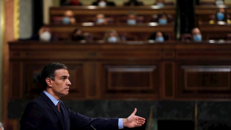 El presidente del Gobierno, Pedro Sánchez, durante su intervención en el pleno del Congreso. EFE/ Emilio Naranjo