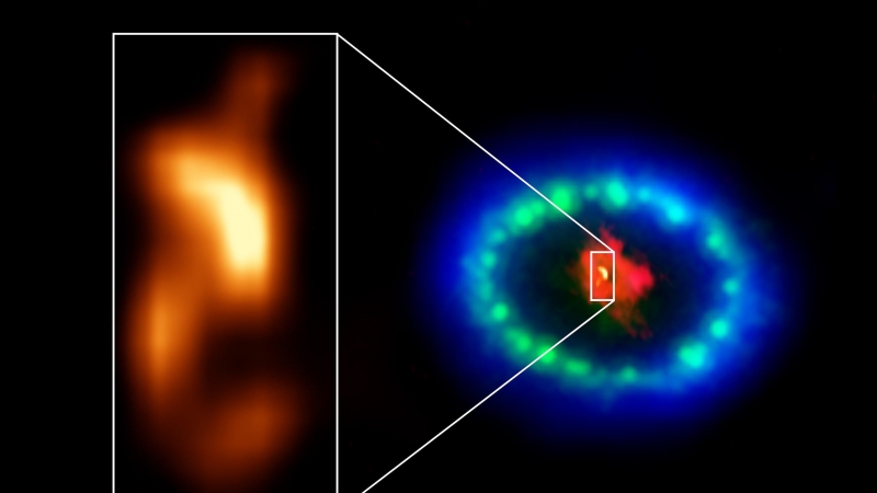 La supernova 1987A en la actualidad y detalle de la mancha caliente observada./ALMA (ESO/NAOJ/NRAO)