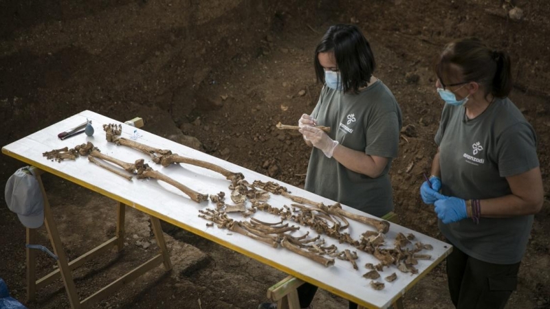 Personal técnico trabajando en la exhumación de la fosa común de Pico Reja, una de las mayores fosas del franquismo, ubicada en el cementerio de San Fernando, en Sevilla. María José López / Europa Press